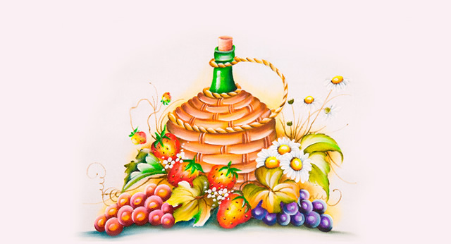 Pintura em tecido de flores e frutas - garrafão de vinho