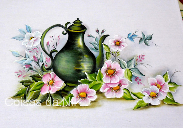 pintura em tecido bule e flores